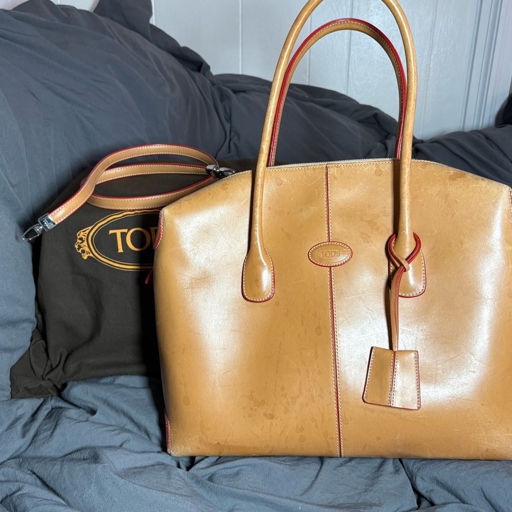 Tod's Camel Leather Tote with Red Accents